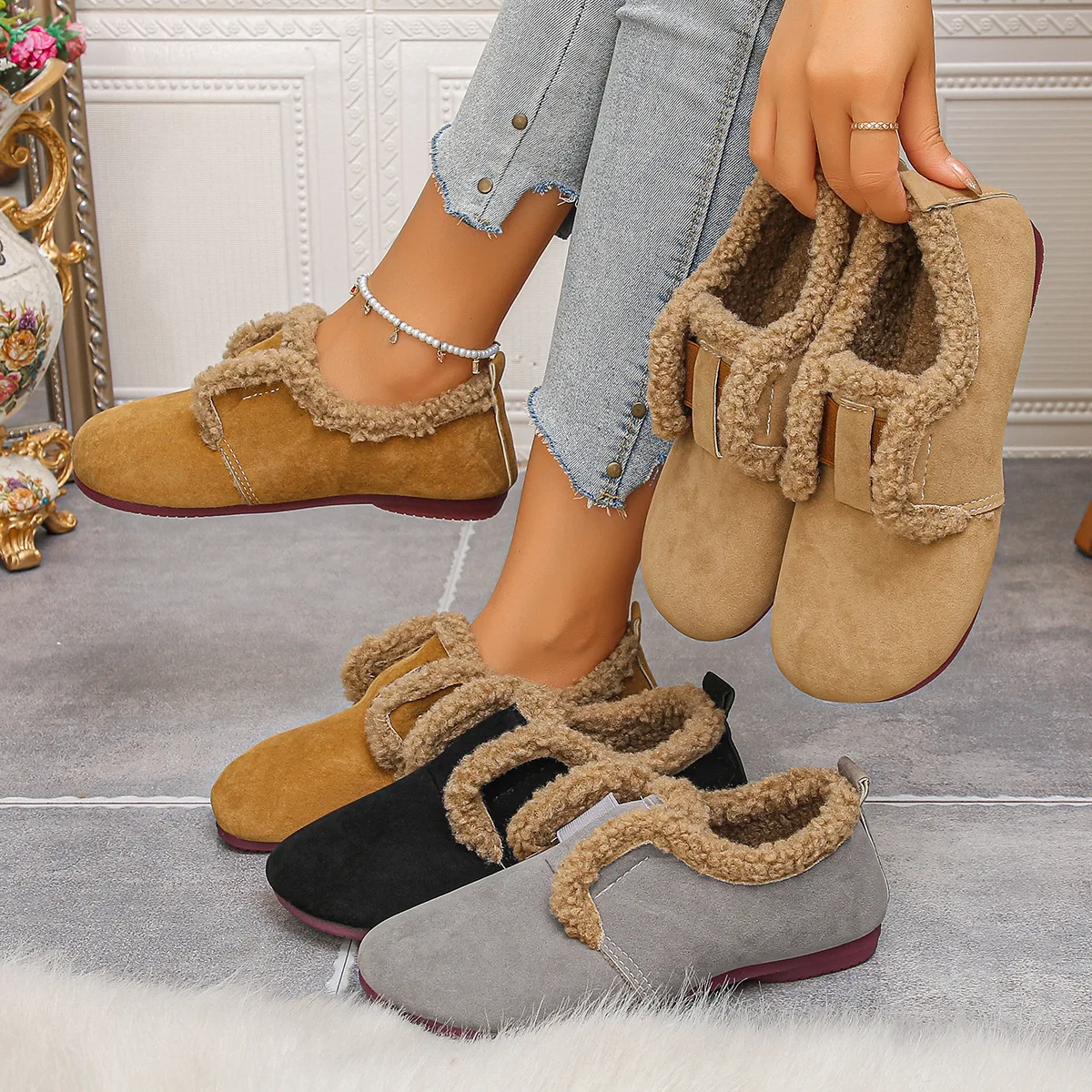 

Новая зимняя женская хлопковая обувь, плюшевая модная повседневная женская обувь в стиле ретро с круглым носком на резинке, удобные женские туфли без шнуровки на плоской подошве