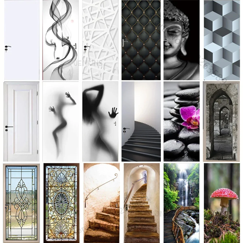 Modern Geometric Door Sticker Self Adhesive Vinyl Retro Stair Pattern Wall Sticker Waterproof Natural Scenery Home Decor Decal