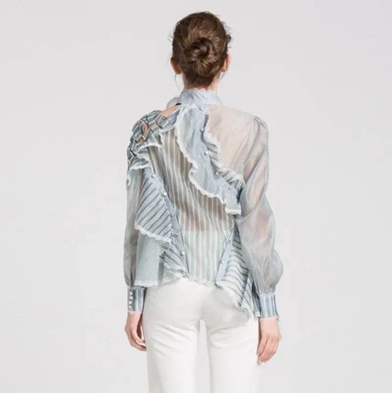 

# Женская блузка в английском стиле 2832: сексуальный топ с асимметричным кроем, полосатый, полупрозрачный, с вырезами, для офиса и выхода в свет