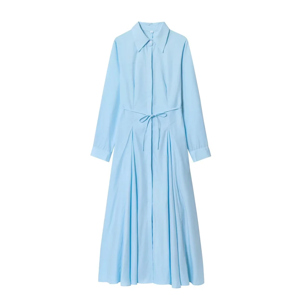 dames nieuwe stijl temperament slim fit revers lange mouwen vetersluiting decoratie casual effen kleur shirt lange jurk