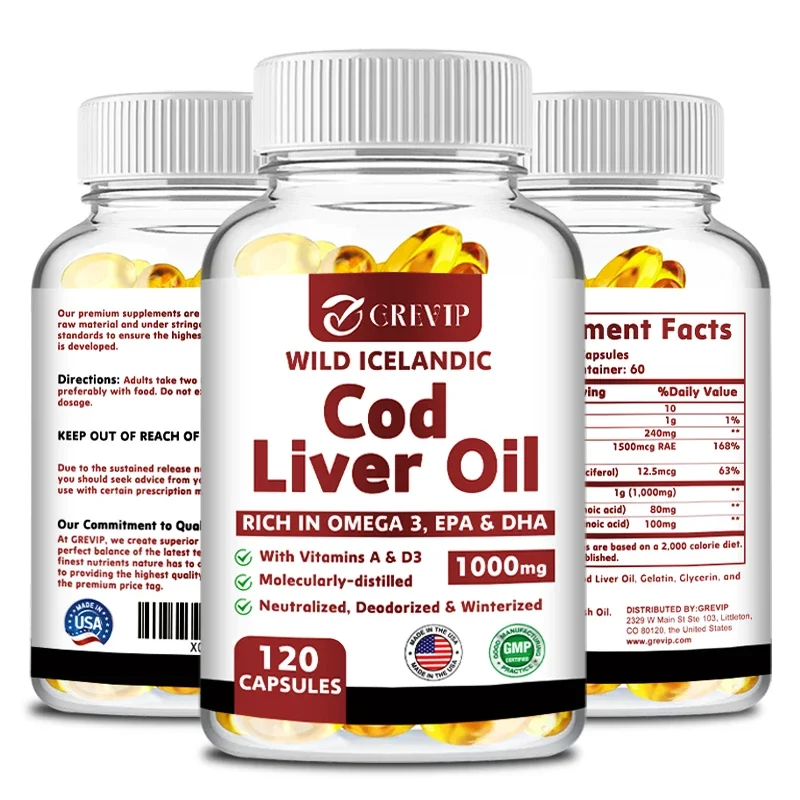 Cod Liver Oil Capsules Fish Oil Omega 3+ Vitamins A & D3 ,Stress Relief, Strengthen Brain , Improve Memory and Intelligence