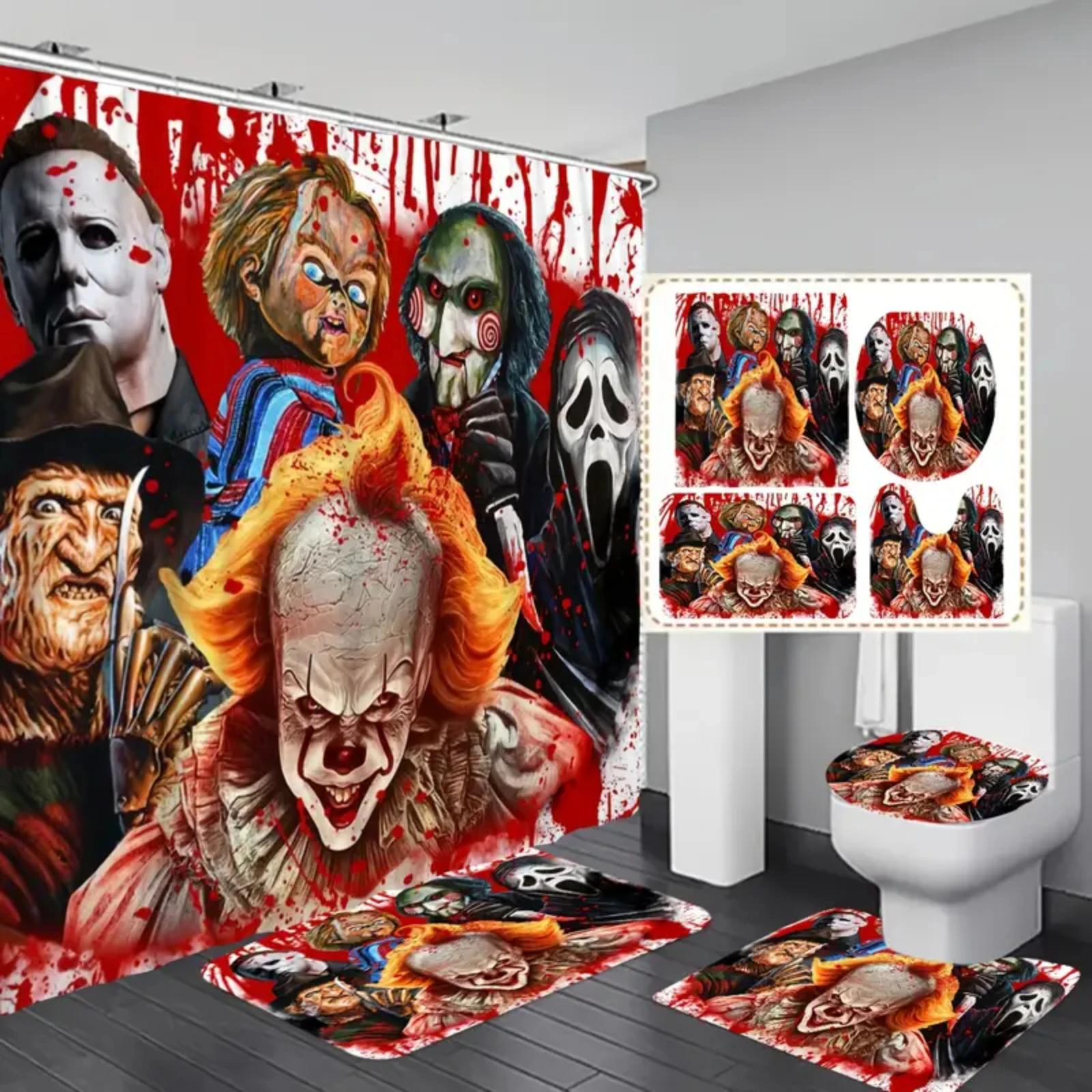 Horror Movies Characters Printed Shower Curtain Waterproof Bathroom Curtain Anti-slip Bath Mat Set Toilet Rugs Carpet Home Decor