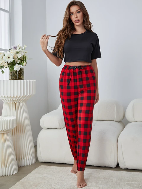 Red Black Plaid Long Pants Crop Tops Women s Pajamas Sets Outfits High Waist Sexy Home Suit Female Elastic Sleepwear 2 Pieces AliExpress