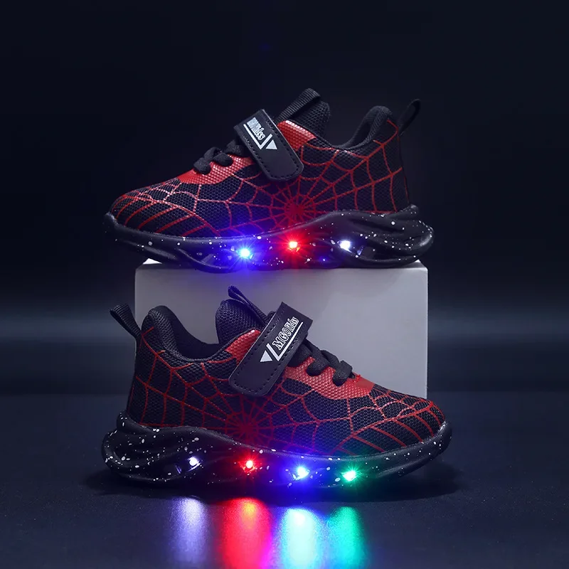 Disney LED Casual Sneakers Spider-Man Red Black For Spring Boys Mesh Outdoor Shoes Children Lighted Non-slip Shoes Size 21-30