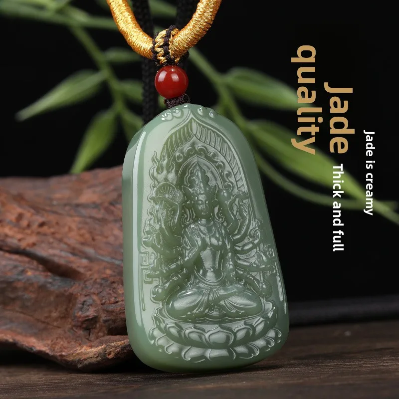 Natural Lake Green Hetian Jade Thousand Arms Guanyin Pendant Chinese Zodiac Patron Saint Lucky Amulet Blessing Good Fortune Weal