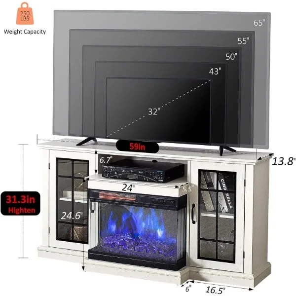 Soporte de TV con chimenea de vidrio de 3 lados para televisores de hasta 65 pulgadas con 12 colores, mesa de consola central de entretenimiento multimedia