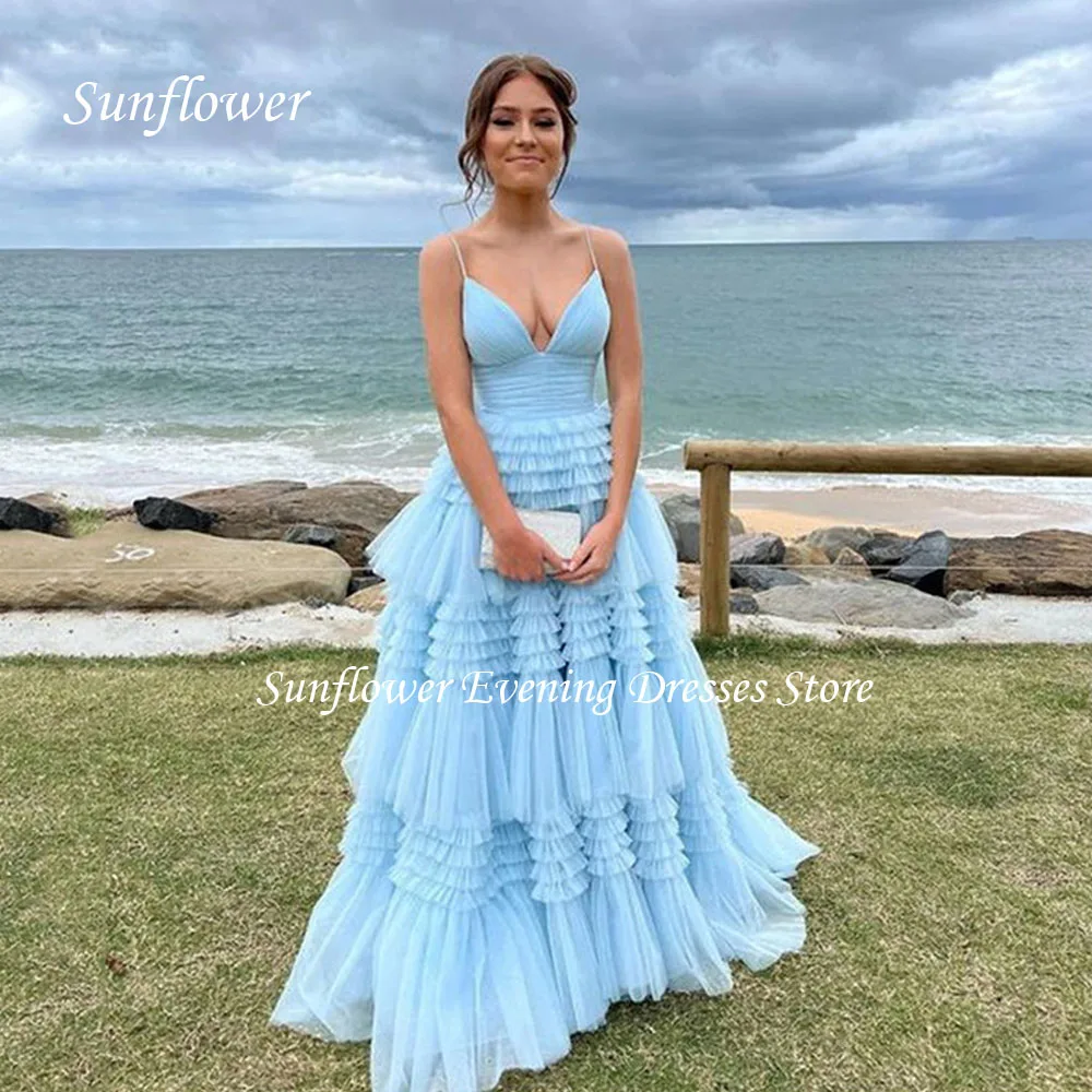 

Sunflower V-Neck Prom Gown Tiered Tulle Evening Dress A-LINE Floor-Length Party Dress 2023 Side Split Prom Dress Wedding Dress