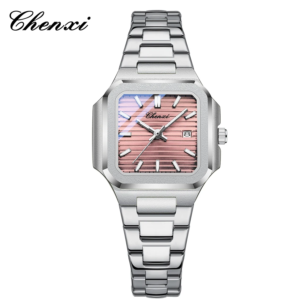 CHENXI ساعات بقرص مربع ملون للنساء الأعمال مقاوم للماء ساعات المعصم النسائية التقويم مضيئة ساعة امرأة الهدايا