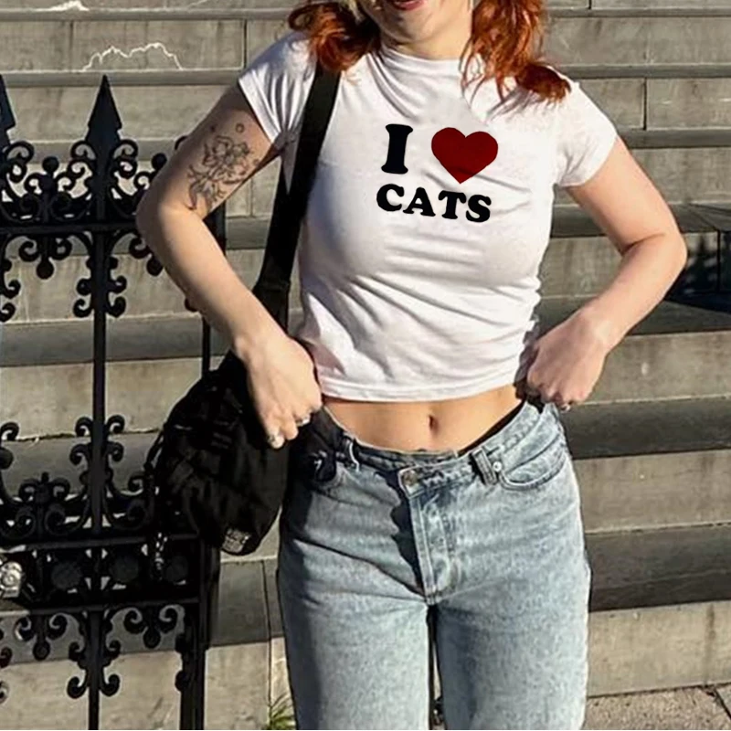 I LOVE CATS Pattern Print Fairy Core Cute Crop Top Baby Slim Tees Summer Women O-neck Short Sleeve T-shirt All-match Streetwear