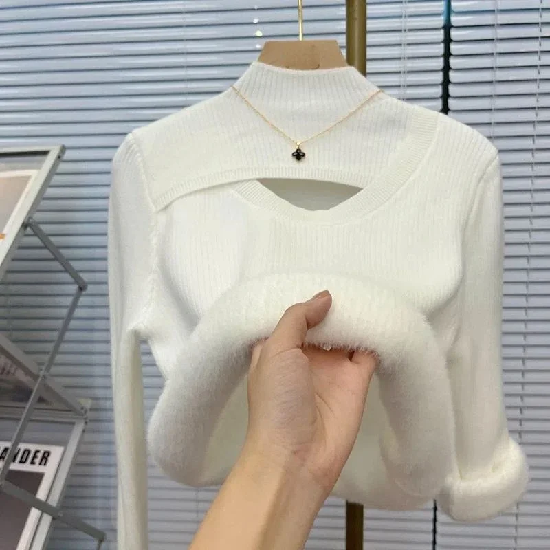 Korean Turtleneck Slim Thicken Knitted Pullovers Woman 2023 Winter Plus Velvet Sweater Casual Fleece Lined Warm Knitwear Tops