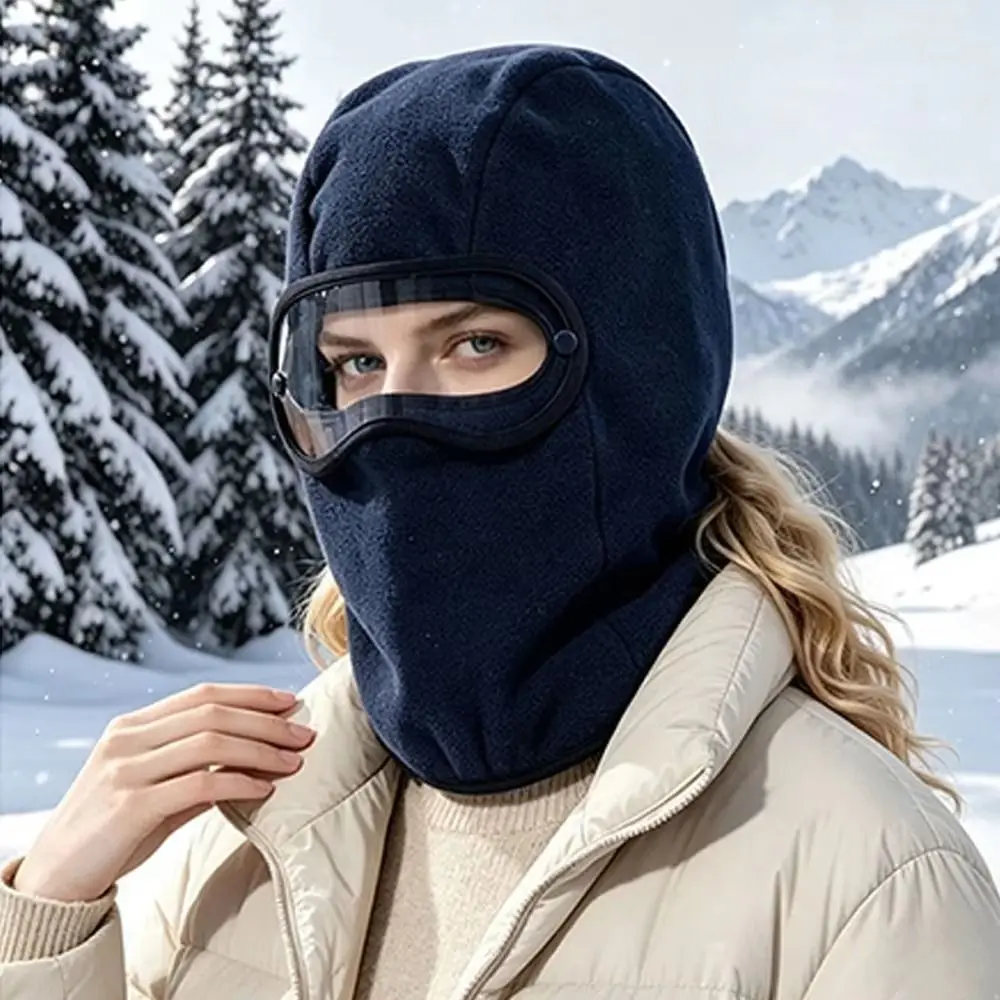 Windproof Fleece Balaclava Hat Warm Clear Eye Shield Winter Cycling Goggles Hood Thickened Ear Protector Helmet Hat Female