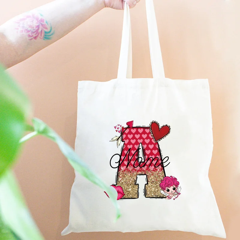 Beginletter Aangepaste Naam Vrouwen Tassen Valentijn Handtas voor Vrouwen Canvas Opvouwbare Boodschappentas voor Vriendin Ladys Pouch