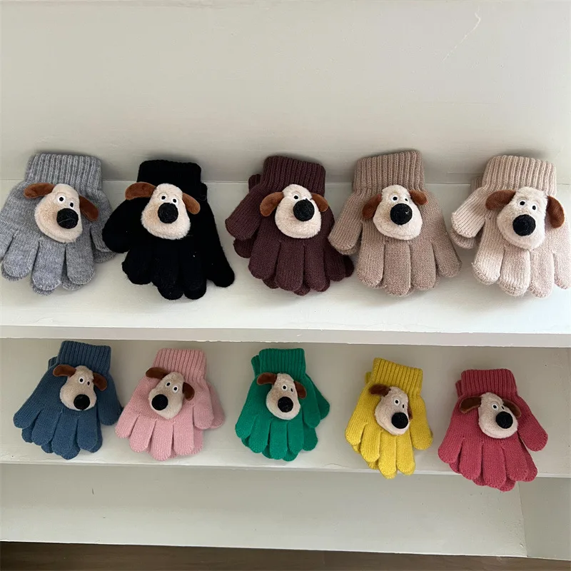 Cute Cartoon Dog 1-5Y Children Gloves Autumn Winter Simple Knitted Baby Furry Full Finger Mittens Soft Writing Gloves Keep Warm