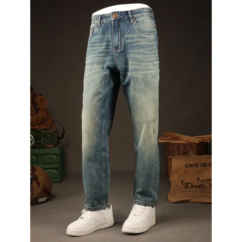 Jeans Retro Amerika Merek Trendi Musim Semi 2025 untuk Pria, Nostalgia Modis, Celana Kasual Jalanan Lurus Longgar