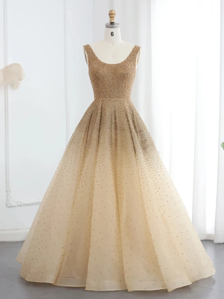 Customized U Neck Sleeveless Gradient Beaded Evening Dresses Lace Up Back A Line Floor Length Formal Prom Wedding Party Gown