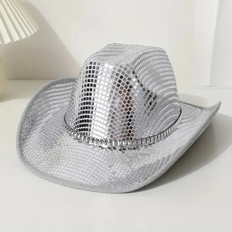 HongLuan Chapéu de fantasia de lantejoulas prateadas e chapéus de cowboy de discoteca para mulheres, acessórios femininos de cosplay de cowboy e boné de cowgirl