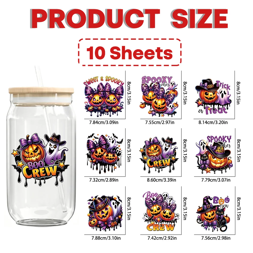 10PCS Halloween Boo Crew Ghost UV Crystal Label Stickers. DTF transfer decals, personalized decor for cups, laptops and helmets.