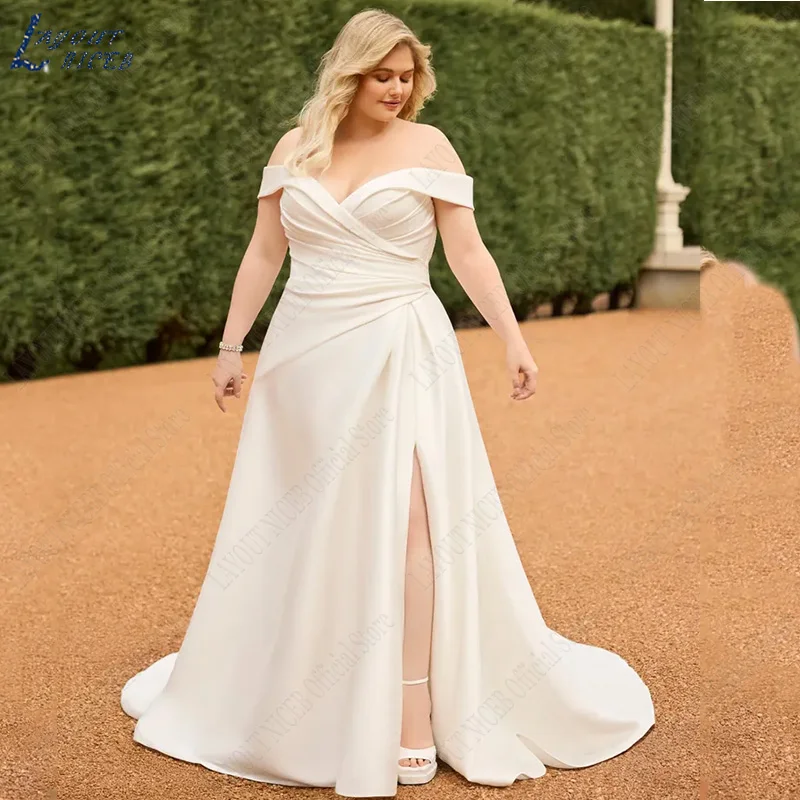 LAYOUT NICEB White A-Line Court Train Satin Off the Shoulder Wedding Dress 2023 Plus Size Brautkleider Robe De Mariée Split