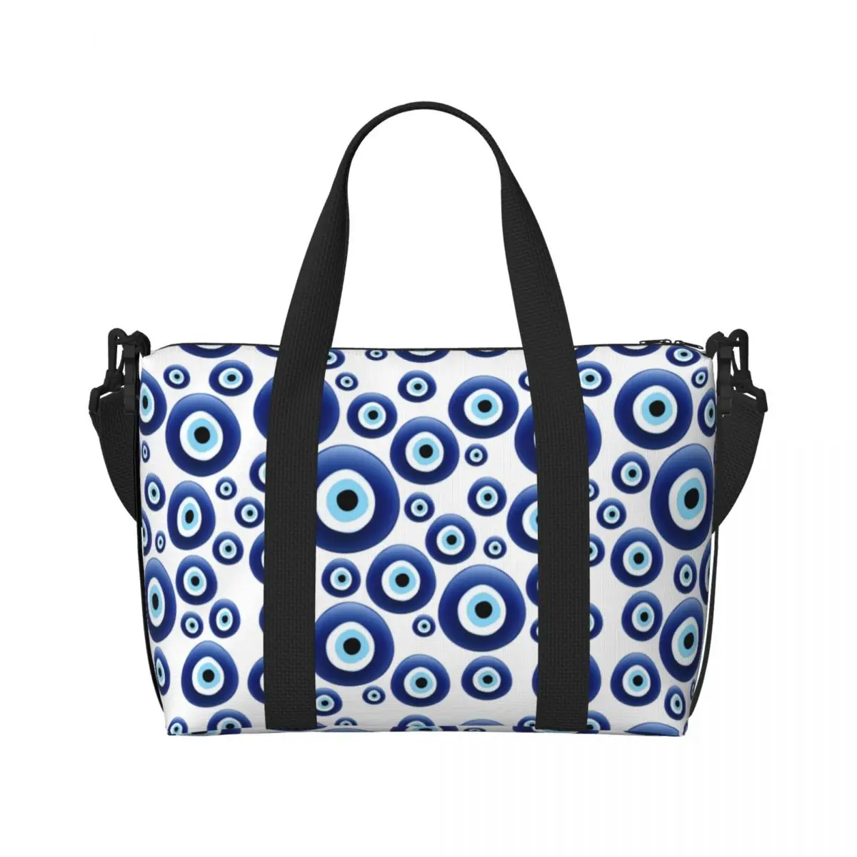 Custom Mediterranean Evil Eye Protection Tote Bag Women Large Capacity Lucky Charm Amulet Hamsa Gym Beach Shoulder Travel Bag