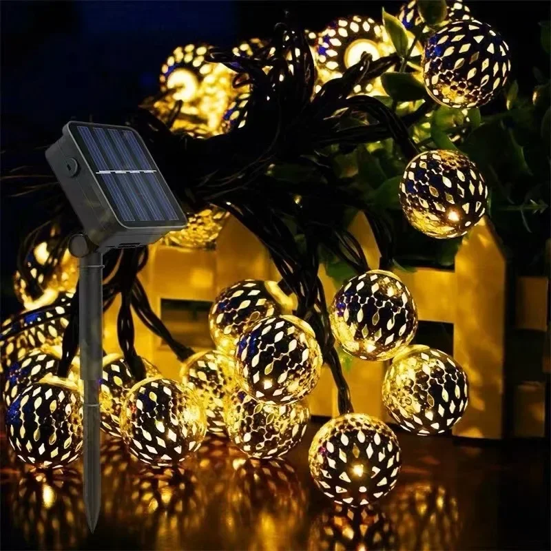 

2025 New Outdoor Solar LED String Lights Moroccan Silver Iron Ball Lamp Round Art Decor for Garden Patio