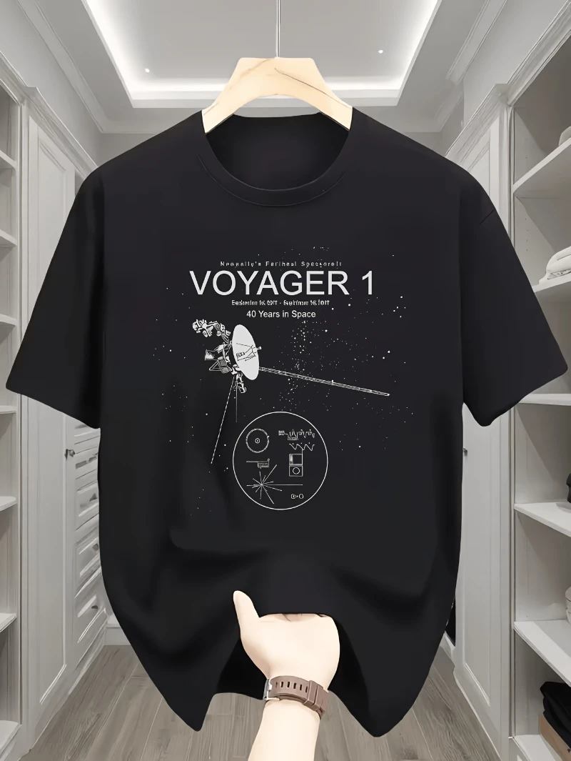 Men's Voyager 1 Space Probe 40th Anniversary T-Shirt with Celestial Art and Space Mission Design, Breathable Short-Sleeve