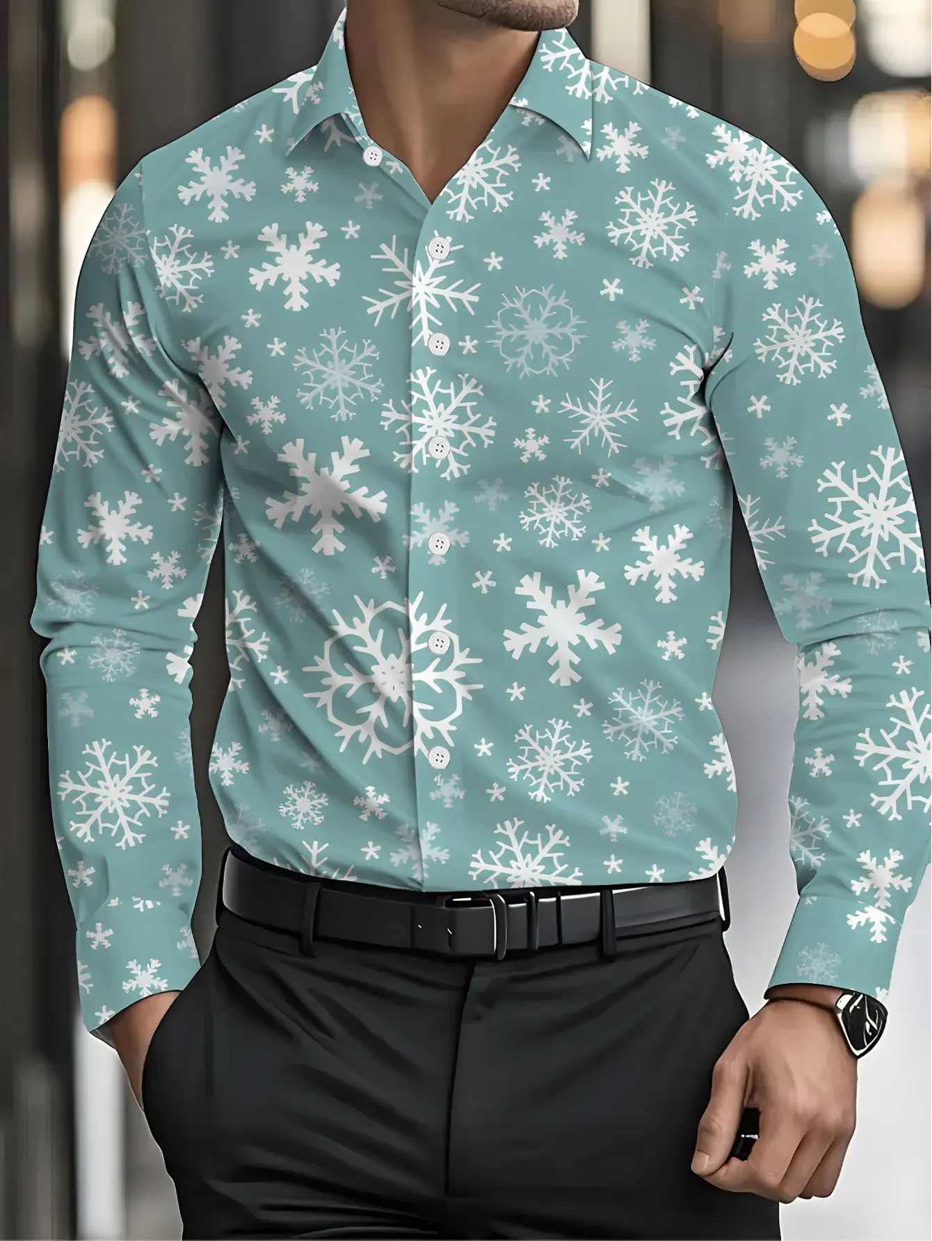Men Long Sleeve Shirt Collar Christmas Snowflake Print Casual Tops Holiday Party Autumn Fashion Daily Wear Button Down Clothing
