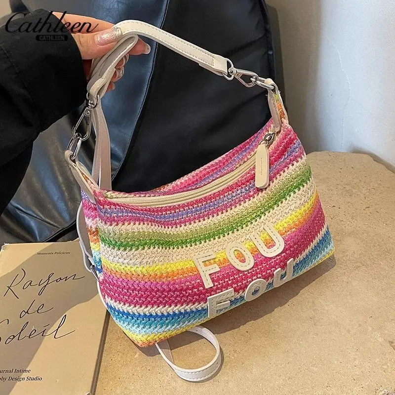 Commuter Woven Shoulder Bag Women's Grass Weaving New Large Bag Capacity Versatile Tote Contrast Color Dumplings Bag Woven Bag