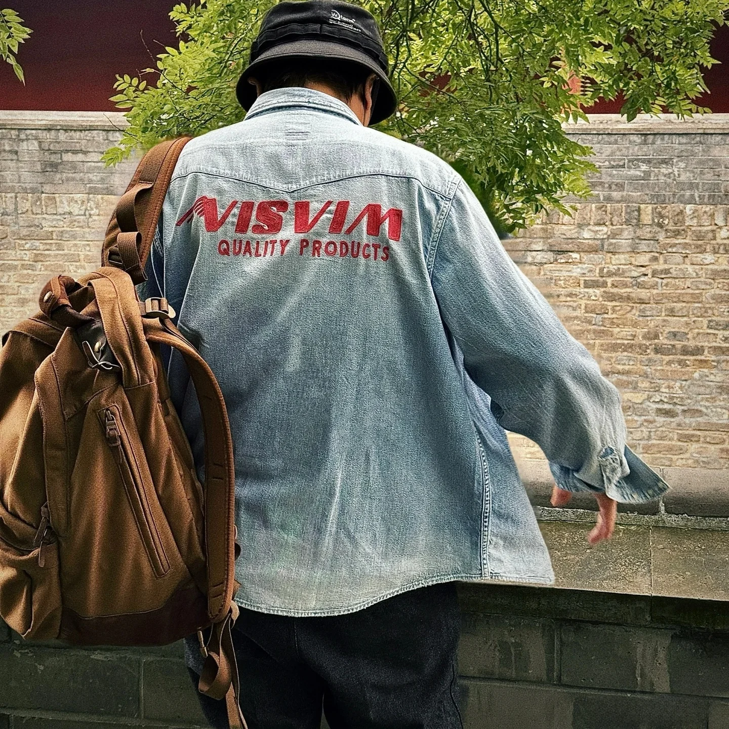 

Visvim 24 Aw Vintage Waed Denim Red Ear Embroidery Destroyed irt Men's Loose Fit Breathable Long Sve Button up Top