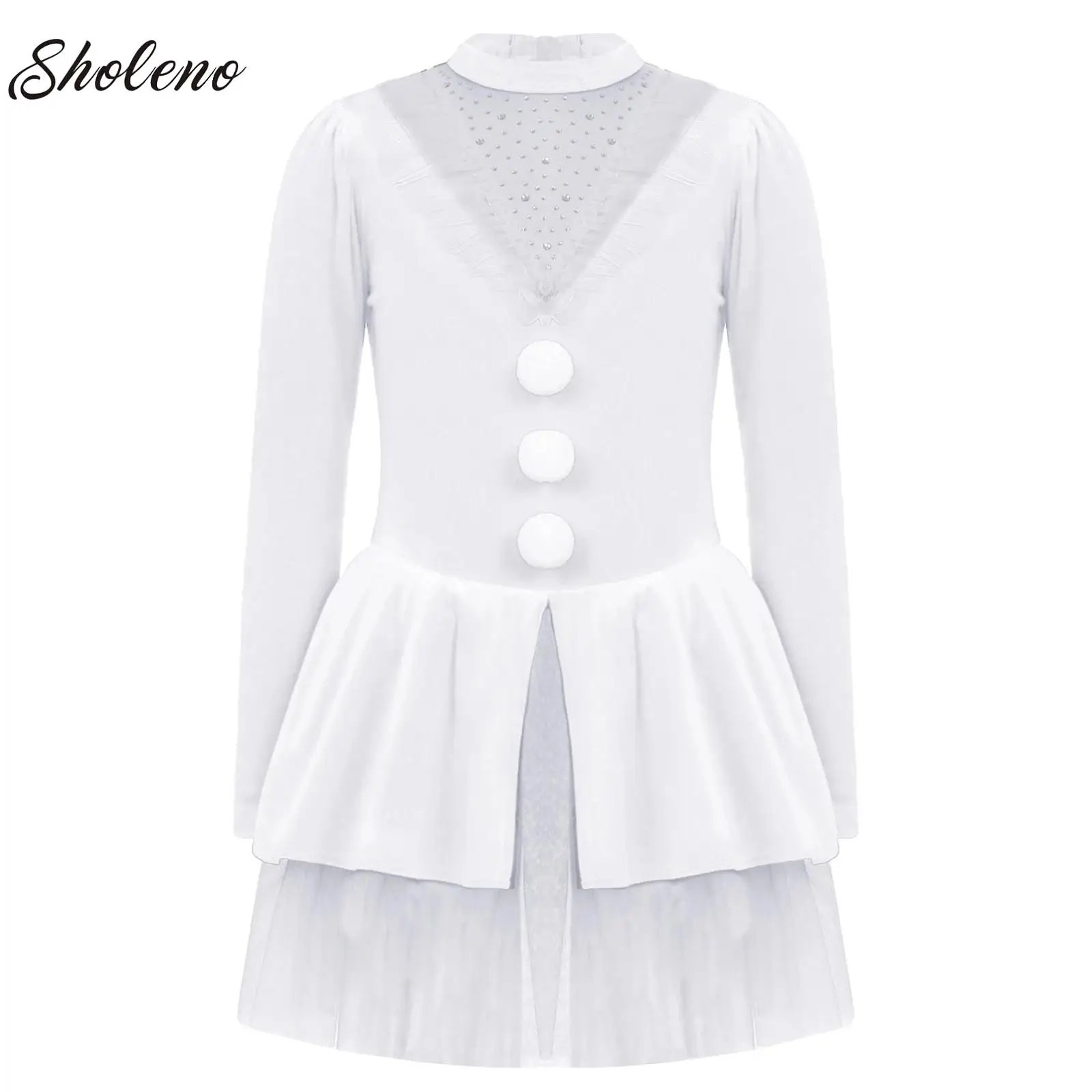 

Teens Elf Xmas Cosplay Costumes Girls Ballet Dance Tutu Dress Mock Neck Rhinestones Long Sleeve Figure Ice Skating Mesh Tutu