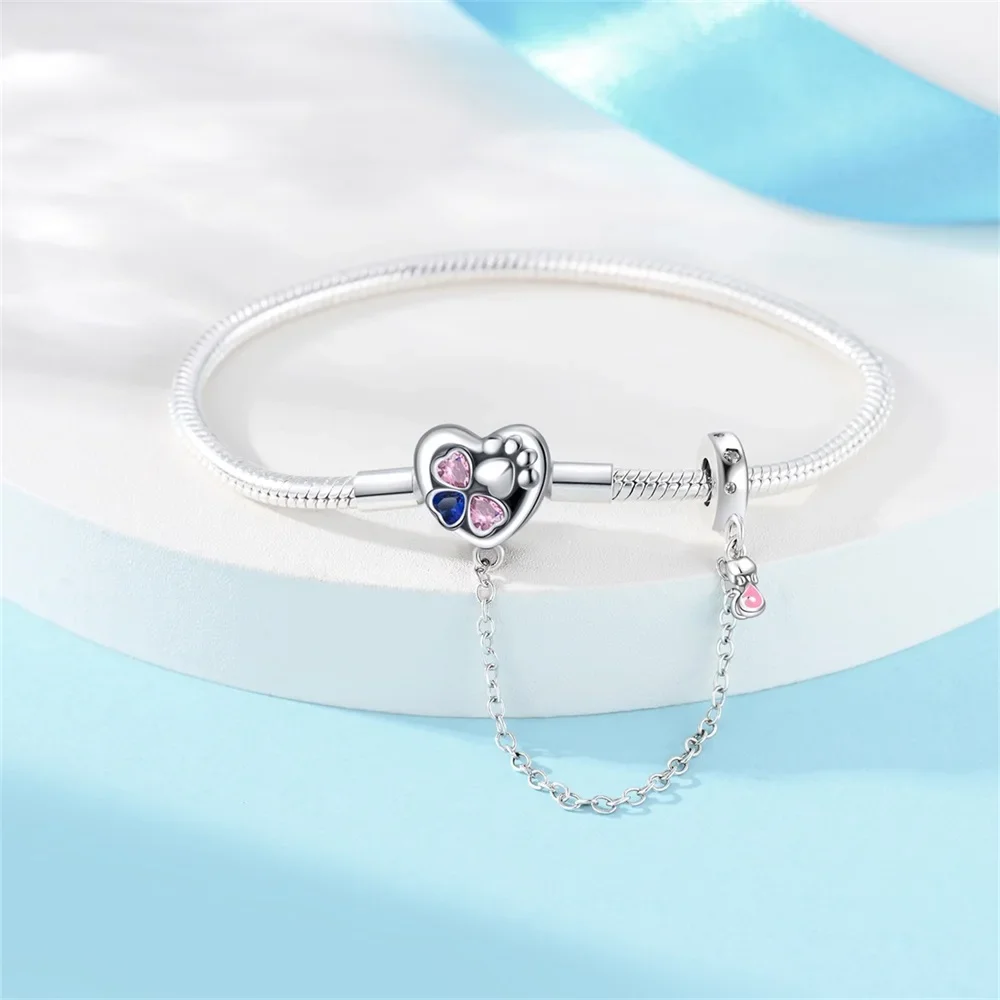 Cute 925 Sterling Silver Clover Love Cat Footprint Safety Chain Bracelet Women's Pet Party Jewelry Accessories