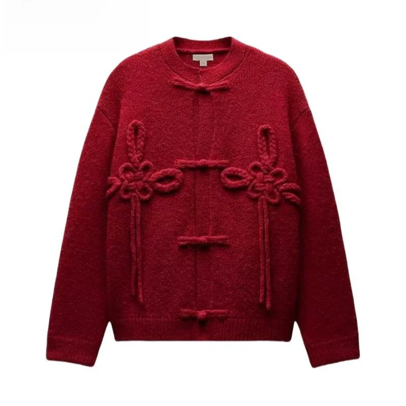 

Spring 2025 New Arrival Women's Knitted Sweater Rope Knot Button Open Cardigan Long Sve round Ne Regular Fit Chinese Sle