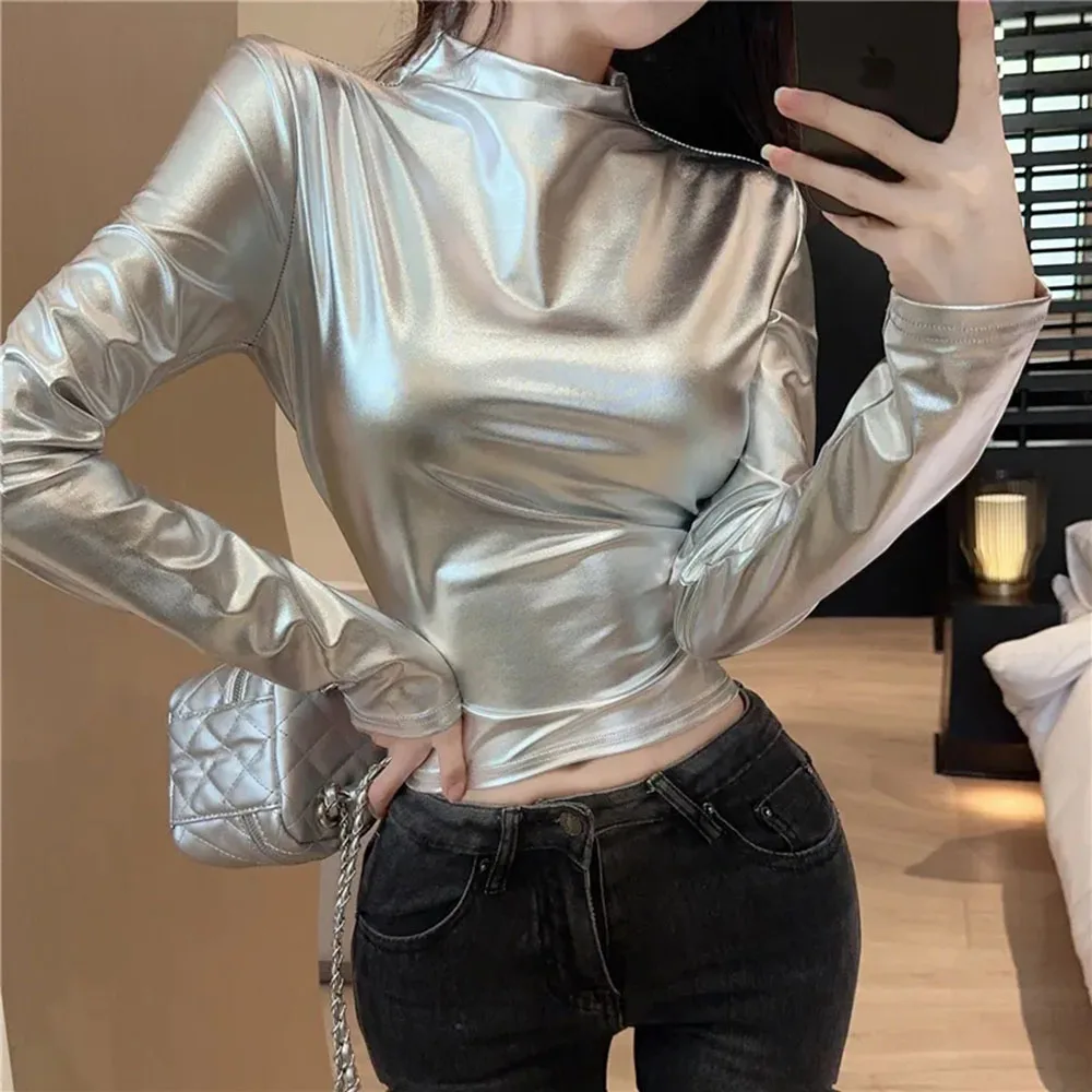 Fashion Autumn Women Patent Leather Silvery T Shirt Women Slim PU Leather Tops Shirts Turtleneck Long Sleeve Casual Elastic Tees