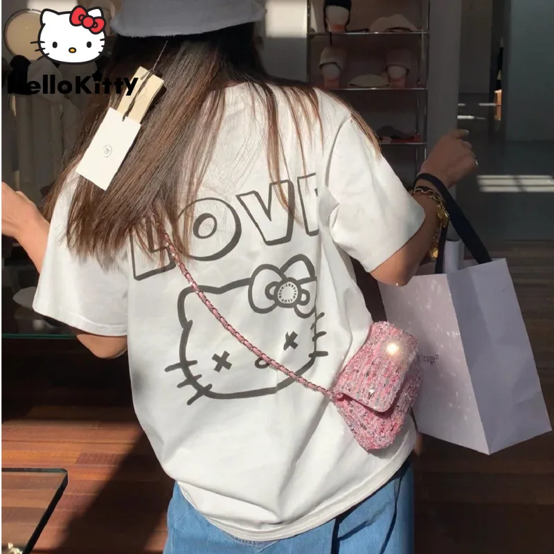 Sanrio Cute Hello Kitty Goth T-shirt Youthful Woman Short Sleeved Clothes Summer Fashion Y 2k Emo Streetwear White Tees Girls