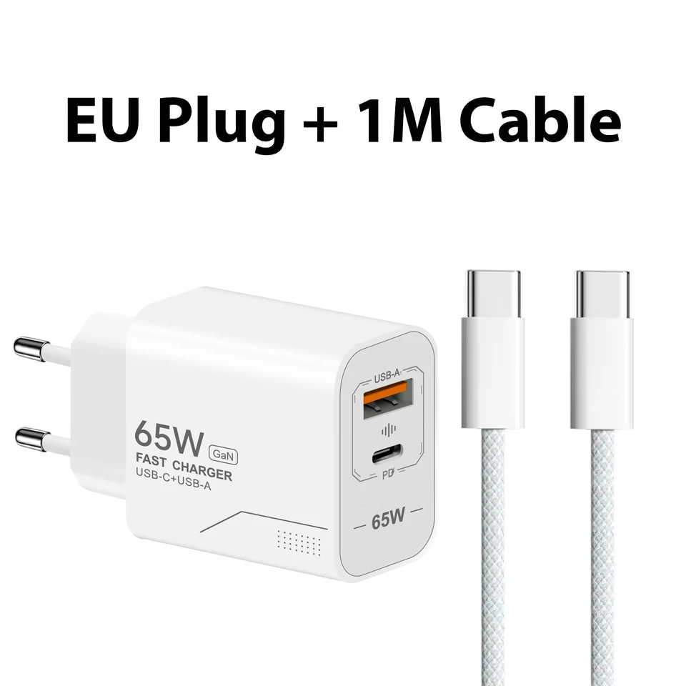 65W GaN USB-C-Ladegerät, 2-Port-Schnellladegerät, Netzteil für iPhone, Samsung, Xiaomi, Typ-C, EU/US-Stecker, Wandladegerät
