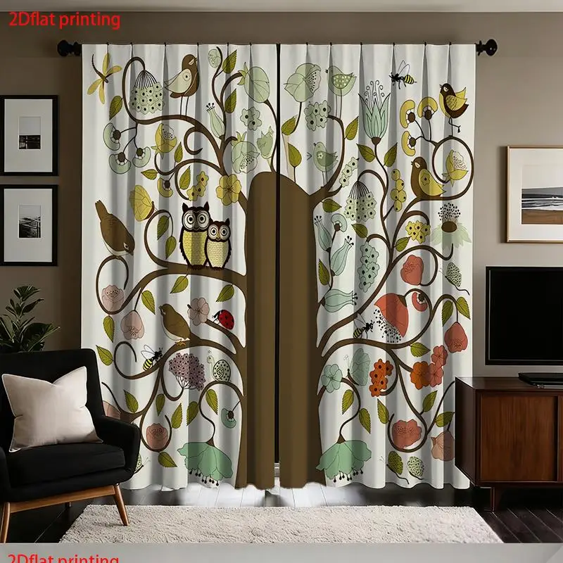 Charming Woodland Animal Tree Print Curtain Botanical Leaf Bird Curtains Window Panel Decor Home Accent