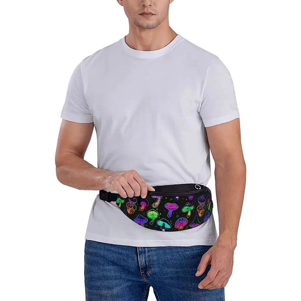 Riñonera de setas psicodélicas brillantes para hombres y mujeres, bolsa de cinturón ajustable, riñonera informal para viajes, senderismo, correr,