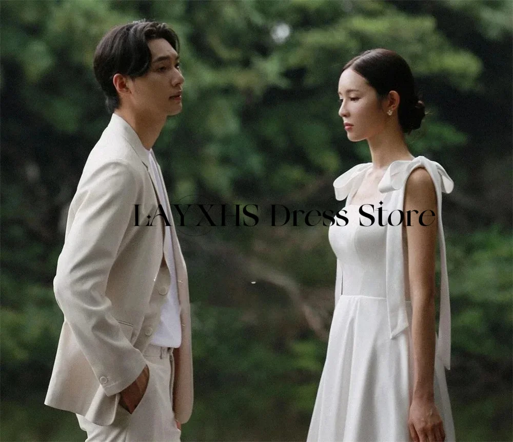 السباغيتي الأشرطة الأبيض الساتان كوريا فساتين الزفاف ألف خط ساحة طوق فستان زفاف أنيقة زي العرائس سترس مخصص #2