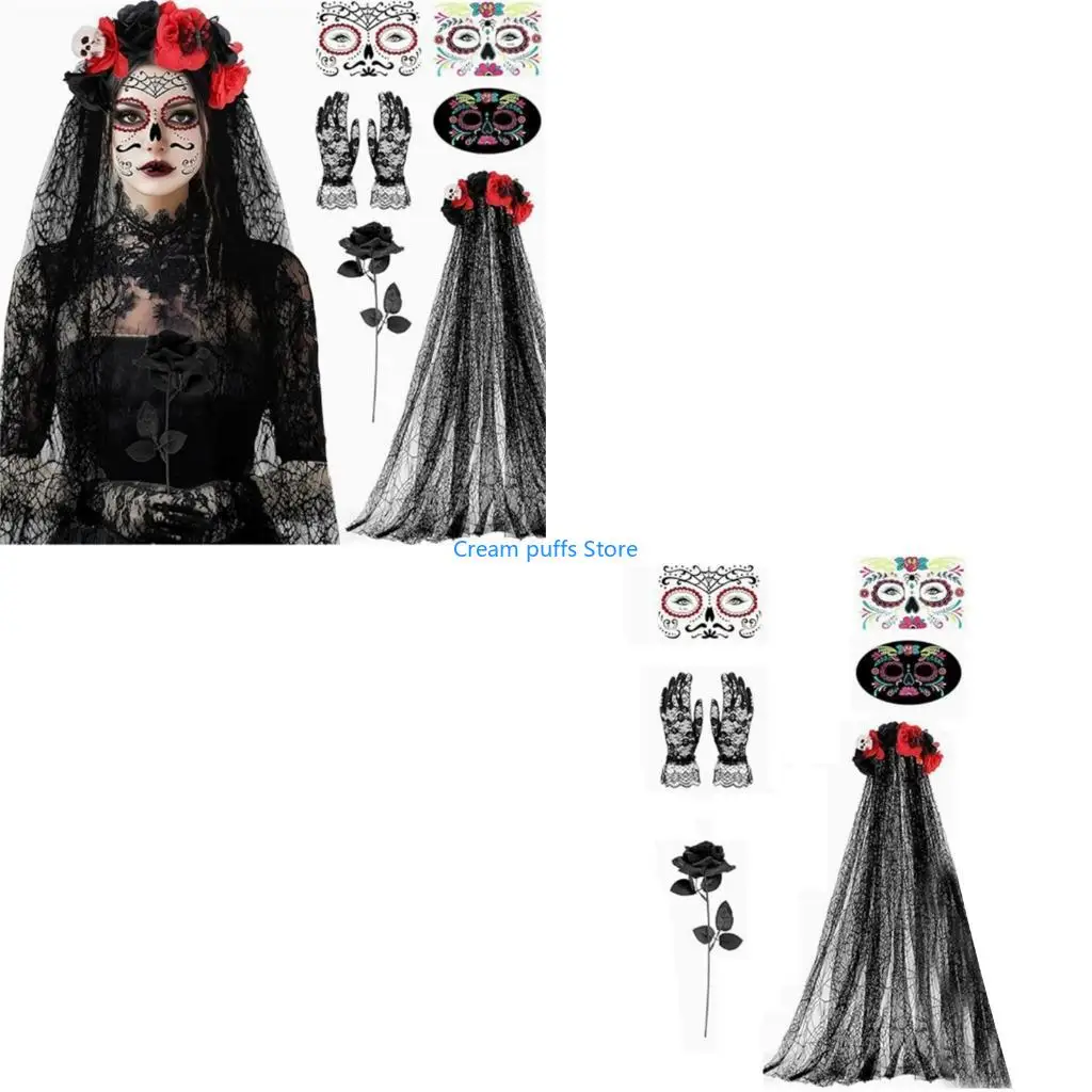 50LE Gothic Party Headpiece and Gloves Cosplay Accessory Set for Cosplay Use