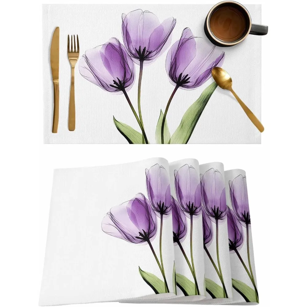 Perspective Style Tulip Placemats Floral Pattern Printed Linen Table Mat Multi-Season Adaptable Party Dining Table Decorations
