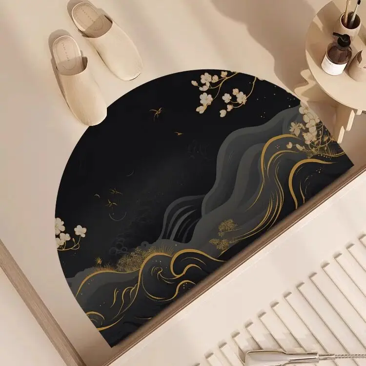 VIKAMA Golden Marble Fluid Semicircle Bath Mat Non Slip Washable Absorbent Rug Modern Abstract Bathroom Entryway Decor