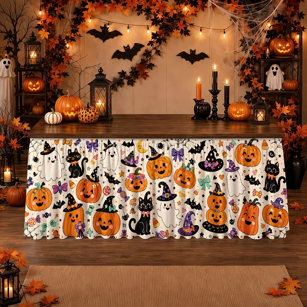 A cute cartoon pumpkin ghost black cat candy Halloween table skirt, reusable, suitable for themed partiesxzj