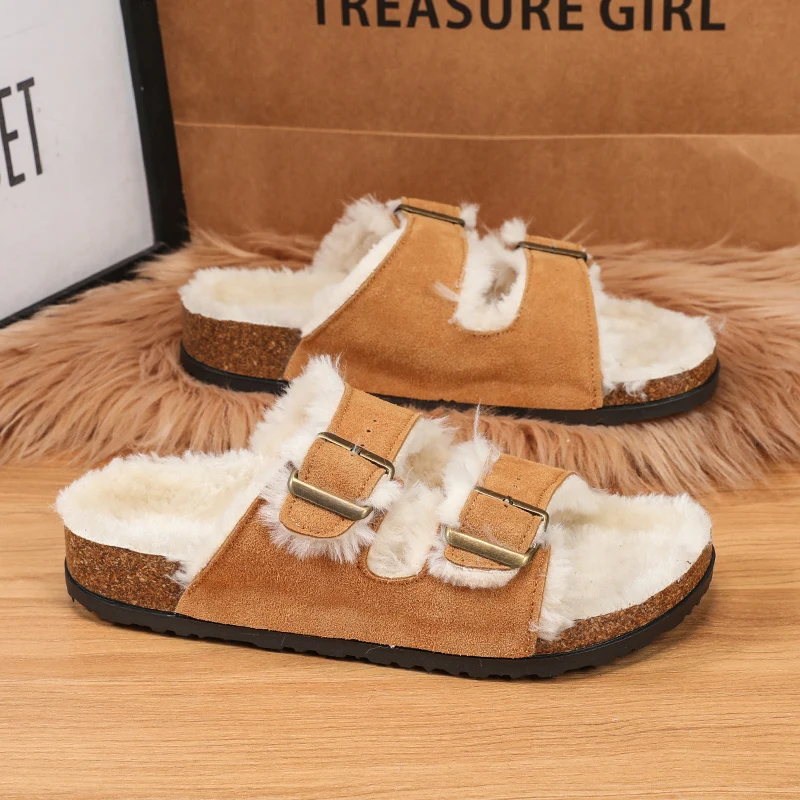 Winter Brand Men Plush Soft Slippers Women Double Buckle Warm Home Slipper Comfortable Flat Bottom Non Slip Unisex Footwear Shoe