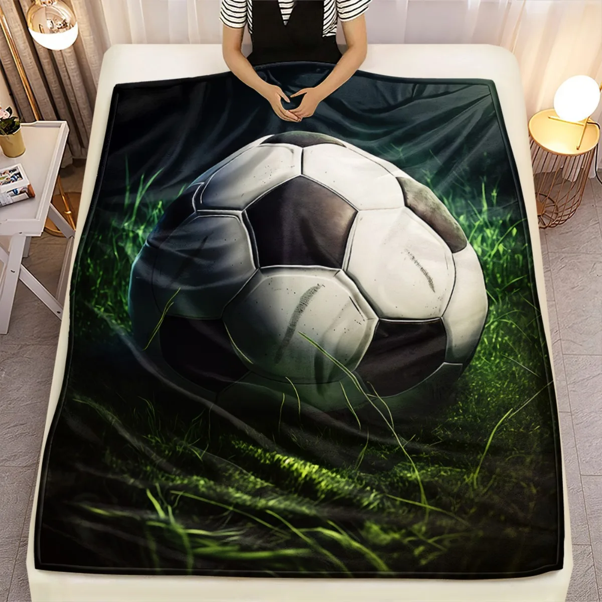 Soccer Ball On Grass Field Fleece Blanket Sports Theme Flannel Throw Football Fan Gift Soft Bedding Home Decor Sporty Design