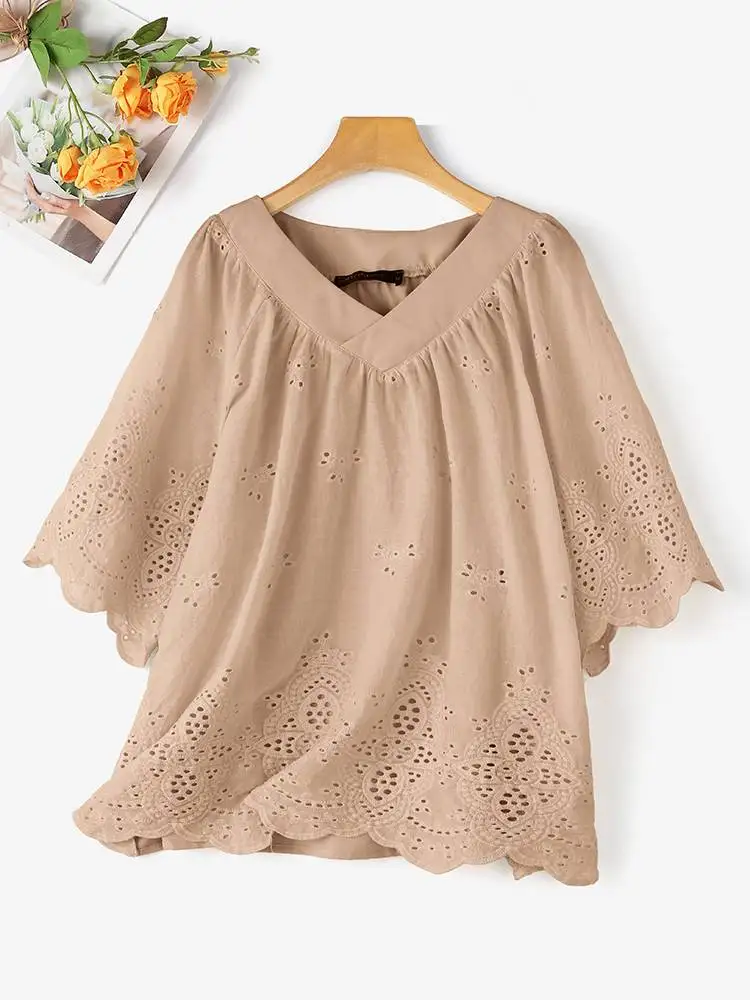 2024 ZANZEA Summer Lace Crochet Shirt Women Elegant 3/4 Sleeve Embroidery Blouse Fashion V Neck Holiday Blusas Patchwork Tops