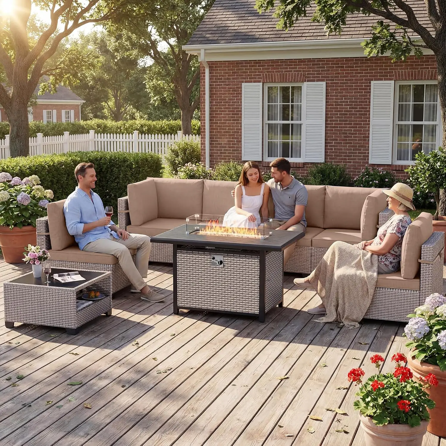 Patio Furniture 8-Piece Sectional Sofa 60000 BTU Fire Pit Glass Coffee Table Wicker Set Khaki Cushions, Customized
