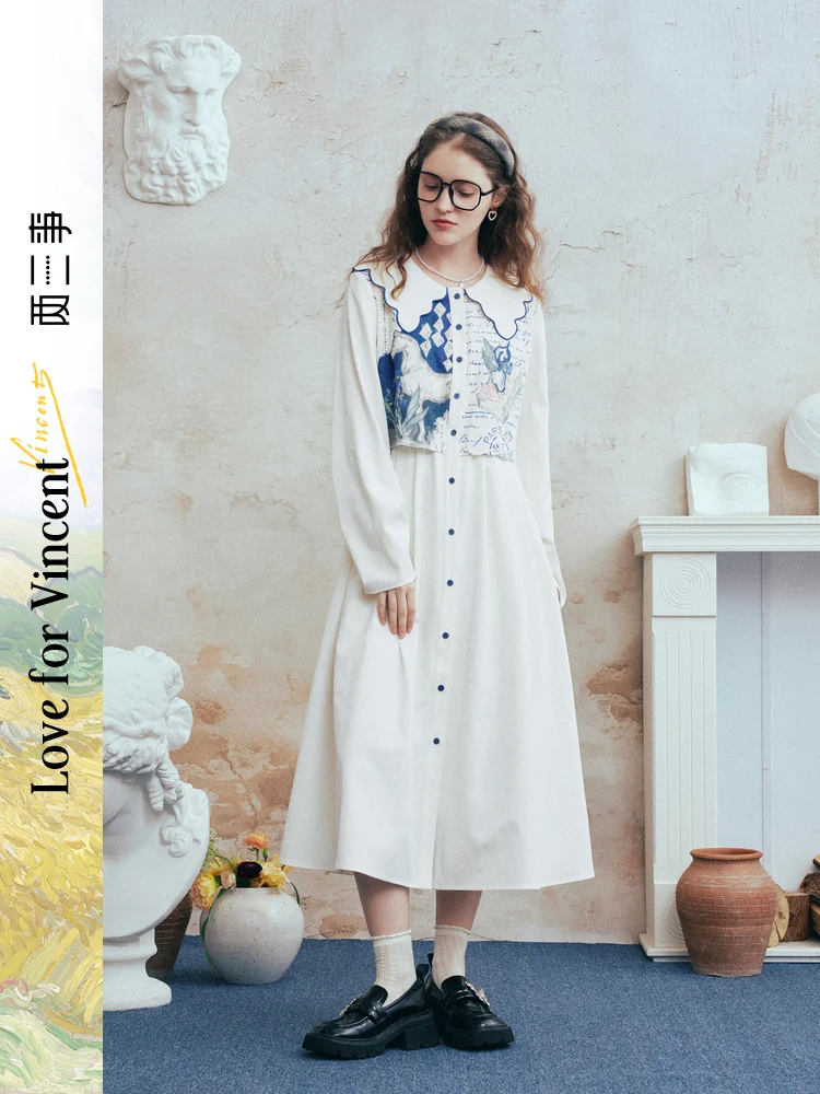 

Artistic Casual Printed Patchwork Fake Two-Piece Dr Spring 2026 New Sle Forest Girl Sweet Sle Long Sve Button Closure