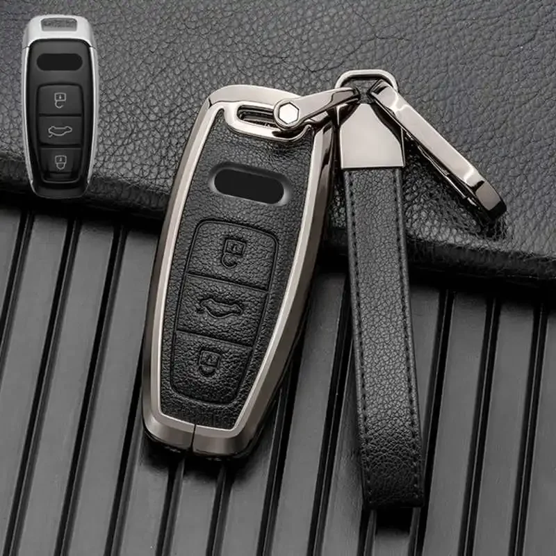 

Key case cover for Audi A3 A4 A5 A7 A6 C8 Q8 Q7 Q5 Q4 Q3 e-tron remote fob holder shell keychain leather metal car accessories