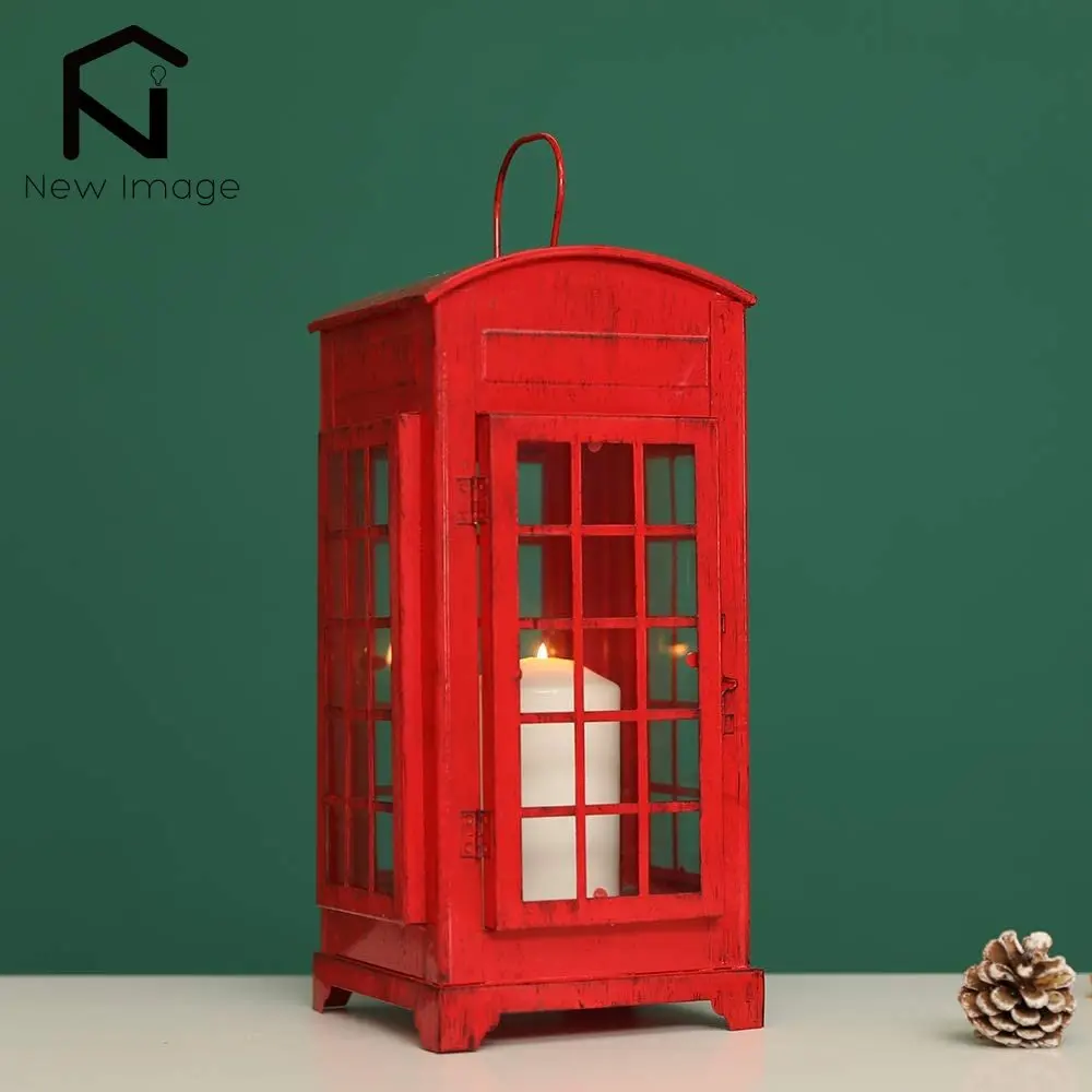 Vintage Candle Holder Lantern Red Decorative Hanging Lantren Telephone Booth Shaped Lantern for Living Room Party Home Decor