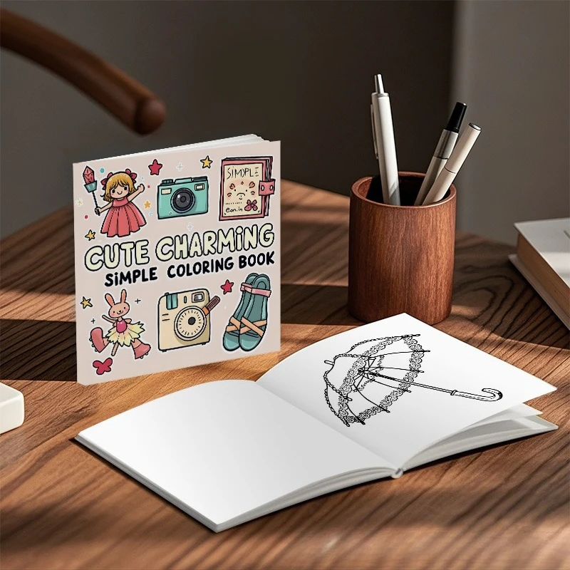 Cute Charming Simple Coloring Book Girl Bunny Camera Flip Flop Tiny Floral Stress Relief Drawing Book