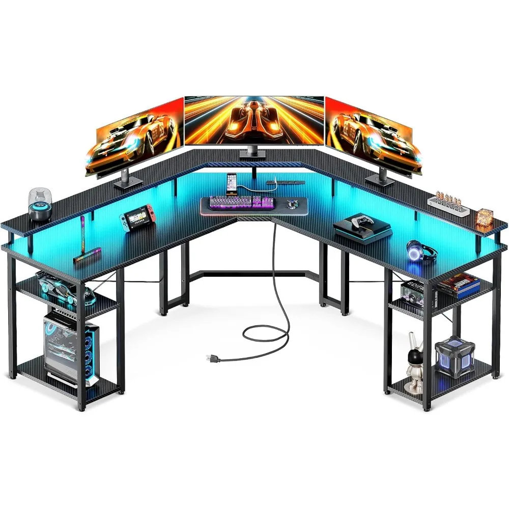 Mesa Gaming reversível com luzes LED e Tomadas de Energia, Mesa do Computador, Suporte Monitor Completo, Prateleiras De Armazenamento, Mesa Ergonômica